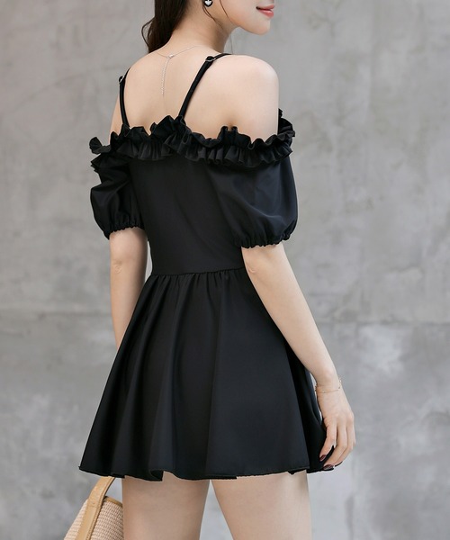 TeddyShop(テディショップ)の「レディース水着 ギャザーフリルオフショルフレアワンピース+ハイウエストショーツ 上下2点セット(水着・レディース・ブラウン/ホワイト系その他/ブラック/ブラック系その他・S/M/L/LL)」の9枚目の写真