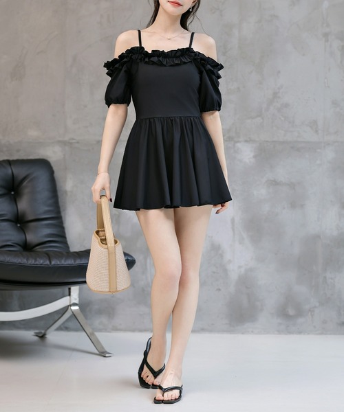 TeddyShop(テディショップ)の「レディース水着 ギャザーフリルオフショルフレアワンピース+ハイウエストショーツ 上下2点セット(水着・レディース・ブラウン/ホワイト系その他/ブラック/ブラック系その他・S/M/L/LL)」の10枚目の写真