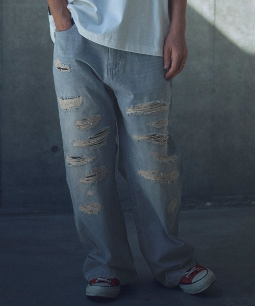 ADAM PATEK(アダムパテック)の「ADAMPATEK/destroy wide denim/デストロイワイドデニムパンツ(AP2518025)(デニムパンツ・レディース・ホワイト/ブラック/ダークインディゴブルー/ライトインディゴブルー・1/2)」の4枚目の写真