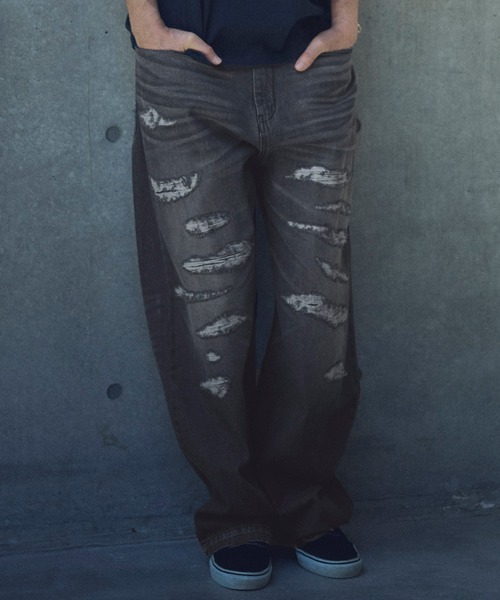 ADAM PATEK(アダムパテック)の「ADAMPATEK/destroy wide denim/デストロイワイドデニムパンツ(AP2518025)(デニムパンツ・レディース・ホワイト/ブラック/ダークインディゴブルー/ライトインディゴブルー・1/2)」の2枚目の写真