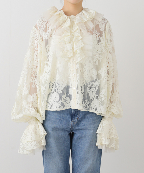 セール】【VIVIANO / ヴィヴィアーノ】Tulle Layered Lace Shirt