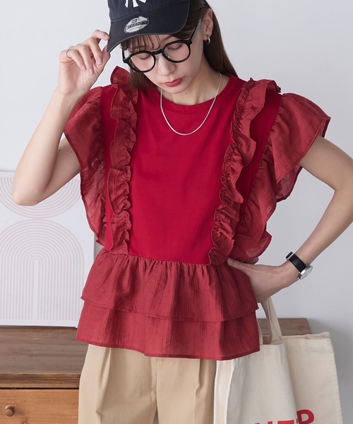 BONLECILL(ボンルシール)の「メニーフリルTEE(Tシャツ/カットソー・レディース・オフホワイト/レッド/ブラウン/ブラック・FREE)」の4枚目の写真
