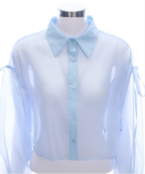 セール】リボン付きショート丈シアーシャツ[大人 ガーリー リボン 冷房