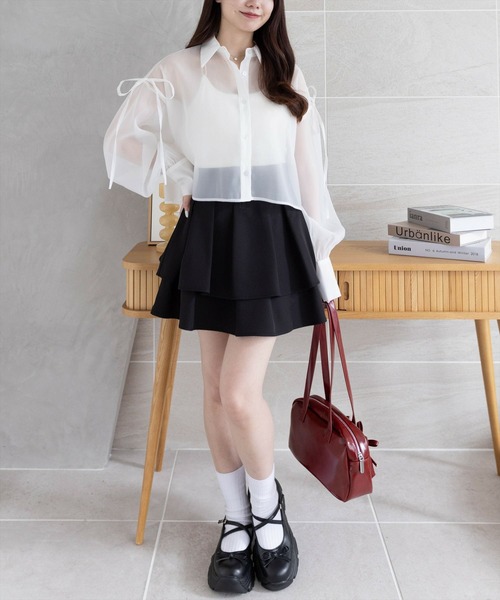 clear（クリア）の「リボン付きショート丈シアーシャツ[大人 ガーリー リボン 冷房対策]（シャツ/ブラウス・レディース・ライトグレー/ライトベージュ/ブルーグレー/オフホワイト・F）」の7枚目の写真