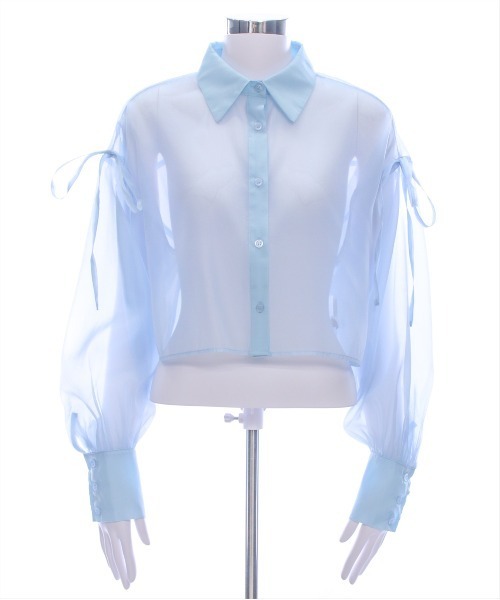 clear（クリア）の「リボン付きショート丈シアーシャツ[大人 ガーリー リボン 冷房対策]（シャツ/ブラウス・レディース・ライトグレー/ライトベージュ/ブルーグレー/オフホワイト・F）」の22枚目の写真