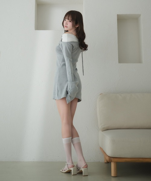 fupel（フぺル）の「off-shoulder docking rib knit mini onepiece / オフショルドッキング リブニットミニワンピース（ワンピース・レディース・グレー/ブラック・FREE）」の7枚目の写真
