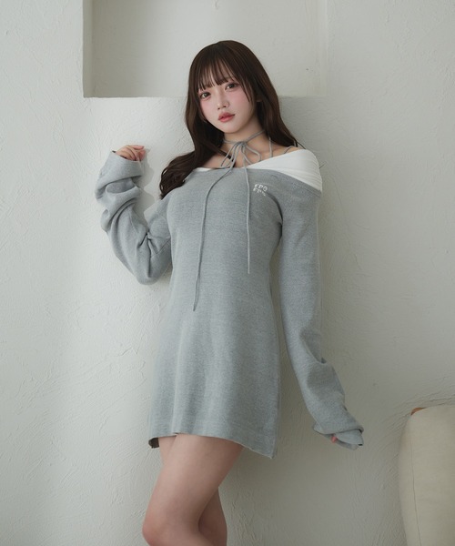fupel（フぺル）の「off-shoulder docking rib knit mini onepiece / オフショルドッキング リブニットミニワンピース（ワンピース・レディース・グレー/ブラック・FREE）」の13枚目の写真