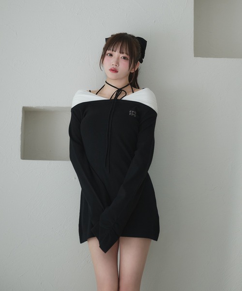 off-shoulder docking rib knit mini onepiece / オフショル
