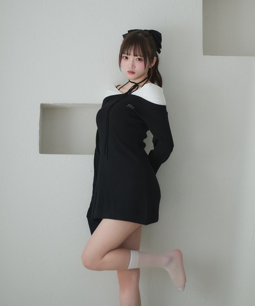 fupel（フぺル）の「off-shoulder docking rib knit mini onepiece / オフショルドッキング リブニットミニワンピース（ワンピース・レディース・グレー/ブラック・FREE）」の4枚目の写真