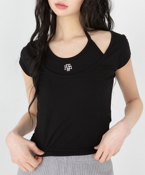 tシャツ A'GEM/9 × .kom 「muah muah/ムーアムーア」LAYERED STRAP HALF T-SHIRT/レイヤードストラップ A'GEM/9 × .kom 『muah muah/ムーアムーア』LAYERED STRAP HALF