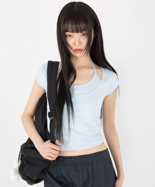 tシャツ A'GEM/9 × .kom 「muah muah/ムーアムーア」LAYERED STRAP HALF T-SHIRT/レイヤードストラップ A'GEM/9 × .kom 『muah muah/ムーアムーア』LAYERED STRAP HALF