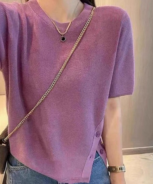 shoppinggo(ショッピングゴー)の「夏服 サイドボタンサマーニット 半袖 レディース 夏ニット(Tシャツ/カットソー・レディース・ホワイト/グリーン/ブラック/ピンク系その他/パープル/グリーン系その他・FREE)」の5枚目の写真
