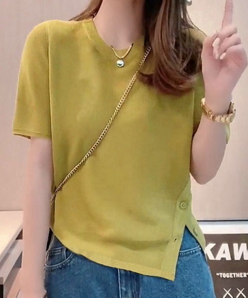 shoppinggo(ショッピングゴー)の「夏服 サイドボタンサマーニット 半袖 レディース 夏ニット(Tシャツ/カットソー・レディース・ホワイト/グリーン/ブラック/ピンク系その他/パープル/グリーン系その他・FREE)」の4枚目の写真