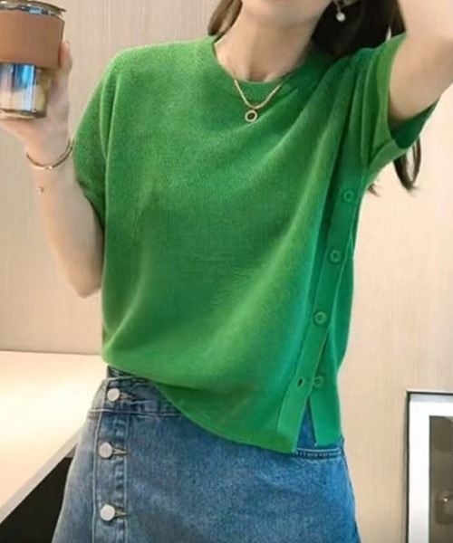 shoppinggo(ショッピングゴー)の「夏服 サイドボタンサマーニット 半袖 レディース 夏ニット(Tシャツ/カットソー・レディース・ホワイト/グリーン/ブラック/ピンク系その他/パープル/グリーン系その他・FREE)」の3枚目の写真