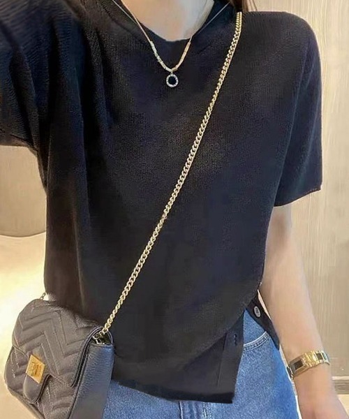 shoppinggo(ショッピングゴー)の「夏服 サイドボタンサマーニット 半袖 レディース 夏ニット(Tシャツ/カットソー・レディース・ホワイト/グリーン/ブラック/ピンク系その他/パープル/グリーン系その他・FREE)」の1枚目の写真