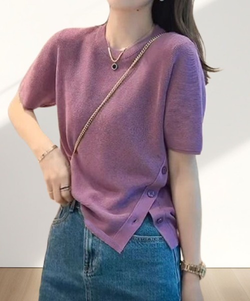 shoppinggo(ショッピングゴー)の「夏服 サイドボタンサマーニット 半袖 レディース 夏ニット(Tシャツ/カットソー・レディース・ホワイト/グリーン/ブラック/ピンク系その他/パープル/グリーン系その他・FREE)」の7枚目の写真