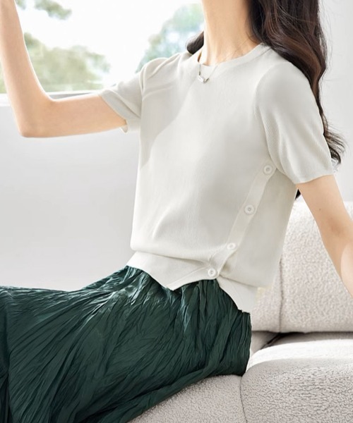 shoppinggo(ショッピングゴー)の「夏服 サイドボタンサマーニット 半袖 レディース 夏ニット(Tシャツ/カットソー・レディース・ホワイト/グリーン/ブラック/ピンク系その他/パープル/グリーン系その他・FREE)」の9枚目の写真