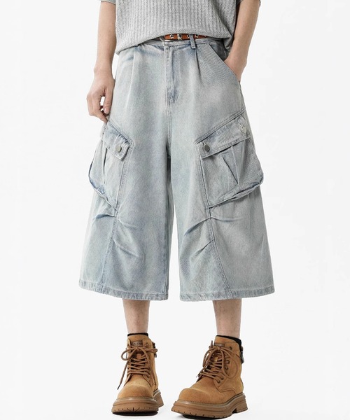 セール】White Stitching Half Cargo Denim Pants/ホワイト