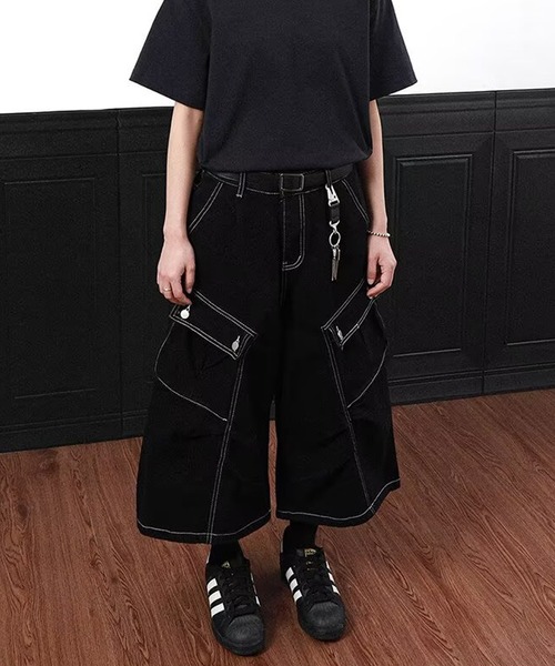 セール】White Stitching Half Cargo Denim Pants/ホワイト