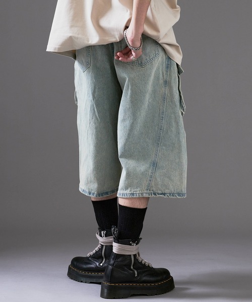 セール】White Stitching Half Cargo Denim Pants/ホワイト