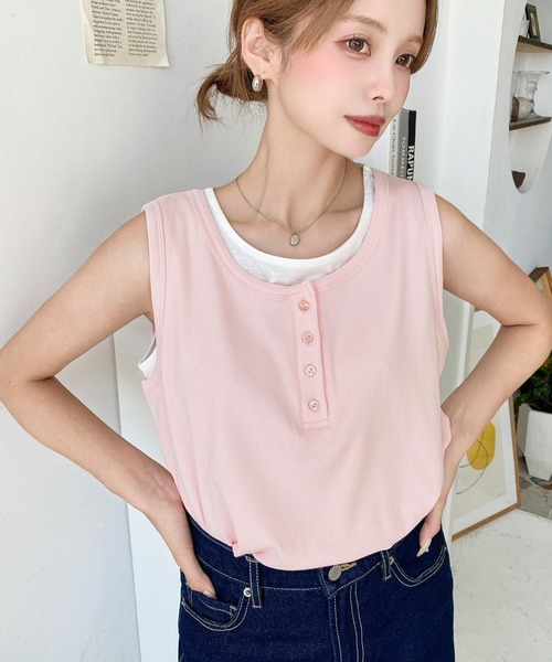moment+(モーメントプラス)の「ヘンリータンク+ベーシックタンク2枚セット(Tシャツ/カットソー・レディース・ネイビー/ブラック/アイボリー/杢グレー/レッド/ピンク・M/L)」の6枚目の写真