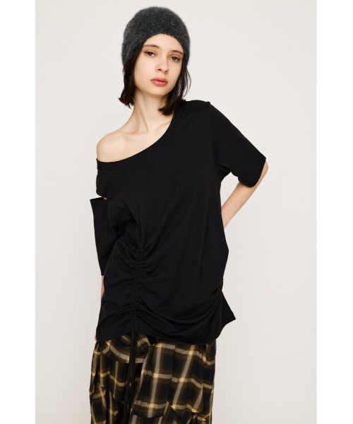 BOHEMSEO 片方オフショルダー シャーリング Tシャツ 白 ワンオフショルダー肩紐ナンバーレタリングシャーリングTシャツ