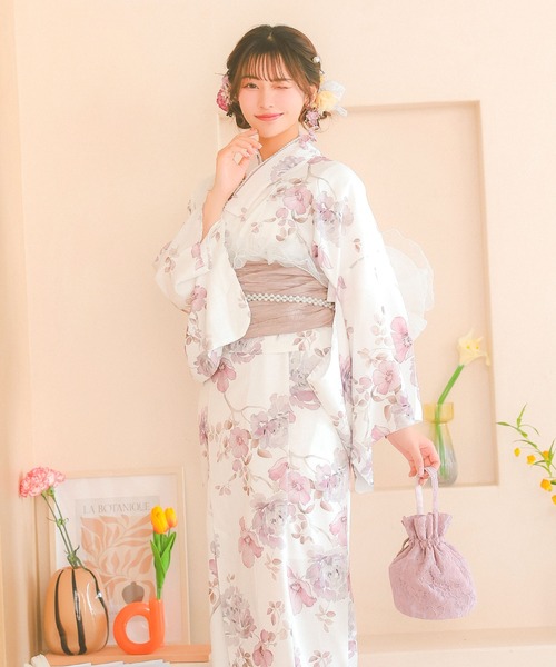 浴衣ワンピース レディース 水彩 ニュアンス ピンクフラワー 白地3点セットキャミワンピース かわいい ゆかた羽織 ワンピース 兵児帯