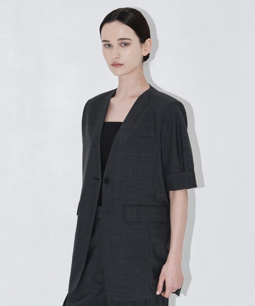 THE TOKYO(ザトウキョウ)の「【THE TOKYO/ザトウキョウ】Half Sleeve Collarless Jacket/ハーフスリーブカラーレスジャケット/SET UP(セットアップ)(テーラードジャケット・レディース・ブラウン/チャコールグレー・FREE)」の5枚目の写真
