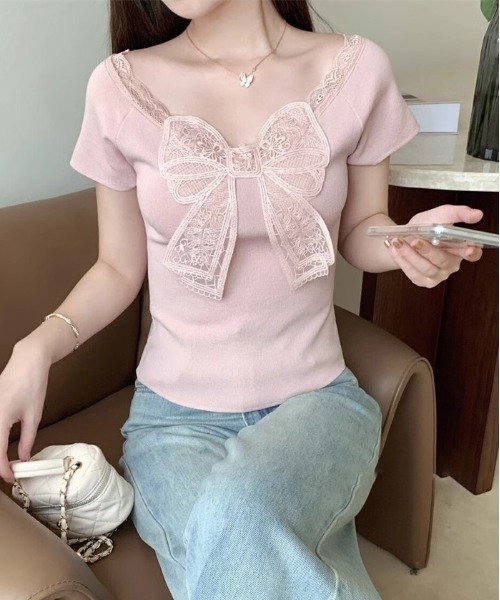 gossip!ロサンゼルス(ゴシップロサンゼルス)の「Y2K レースボウ ニットトップス(Tシャツ/カットソー・レディース・ベージュ/ピンク/ホワイト・FREE)」の10枚目の写真