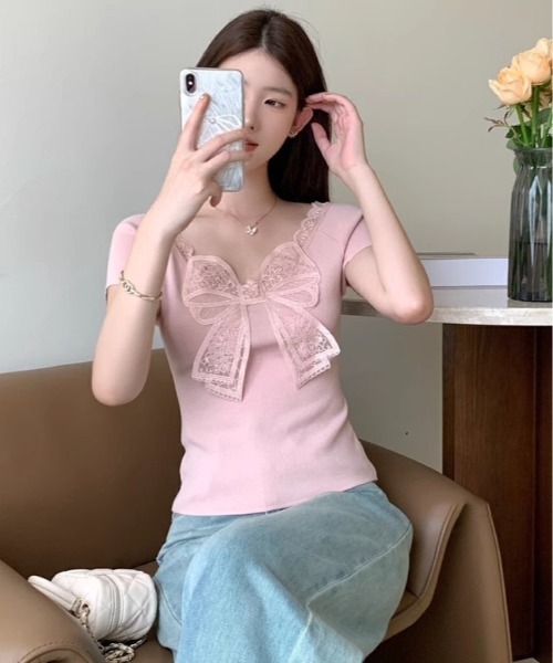 gossip!ロサンゼルス(ゴシップロサンゼルス)の「Y2K レースボウ ニットトップス(Tシャツ/カットソー・レディース・ベージュ/ピンク/ホワイト・FREE)」の11枚目の写真