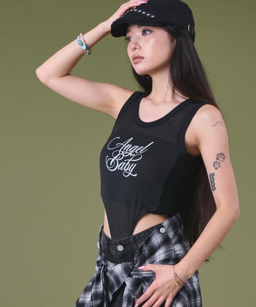 dispark（ディスパーク）の「DISPARK/サイドレースロゴボディスーツTOP（Tシャツ/カットソー・レディース・ブラック/グレー・FREE）」の4枚目の写真