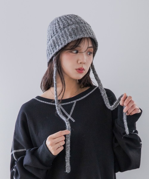 polcadot(ポルカドット)の「STRAP KNIT HAT/ストラップニットハット(ニットキャップ/ビーニー・レディース・アイボリー/ピンク/グレー/グリーン・FREE)」の2枚目の写真