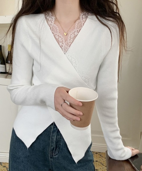 Miniministore(ミニミニストア)の「レースリブニット レディース Vネック(ニット/セーター・レディース・ブラック/ホワイト・FREE)」の3枚目の写真