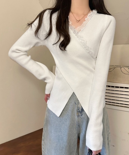 Miniministore(ミニミニストア)の「レースリブニット レディース Vネック(ニット/セーター・レディース・ブラック/ホワイト・FREE)」の9枚目の写真