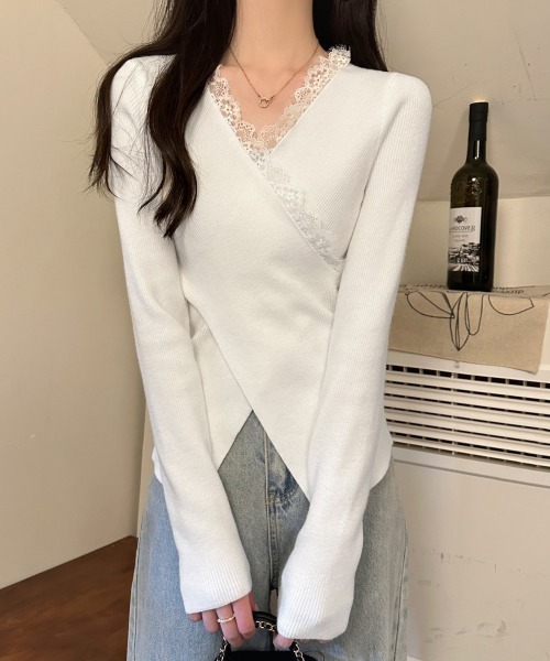 Miniministore(ミニミニストア)の「レースリブニット レディース Vネック(ニット/セーター・レディース・ブラック/ホワイト・FREE)」の10枚目の写真