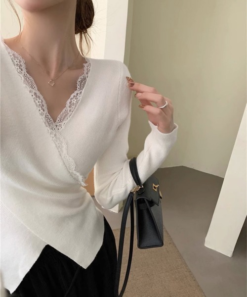 Miniministore(ミニミニストア)の「レースリブニット レディース Vネック(ニット/セーター・レディース・ブラック/ホワイト・FREE)」の13枚目の写真