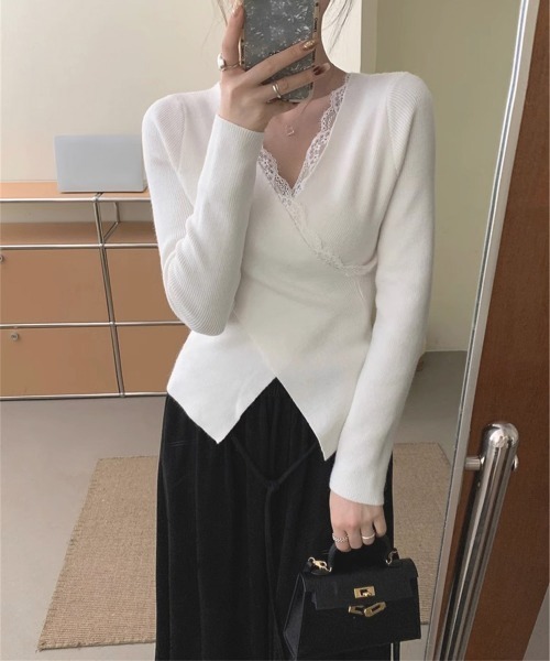 Miniministore(ミニミニストア)の「レースリブニット レディース Vネック(ニット/セーター・レディース・ブラック/ホワイト・FREE)」の14枚目の写真