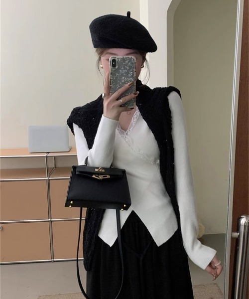 Miniministore(ミニミニストア)の「レースリブニット レディース Vネック(ニット/セーター・レディース・ブラック/ホワイト・FREE)」の15枚目の写真