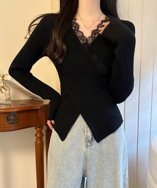 Miniministore(ミニミニストア)の「レースリブニット レディース Vネック(ニット/セーター・レディース・ブラック/ホワイト・FREE)」の17枚目の写真