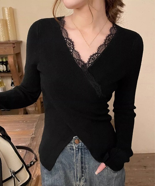 Miniministore(ミニミニストア)の「レースリブニット レディース Vネック(ニット/セーター・レディース・ブラック/ホワイト・FREE)」の19枚目の写真
