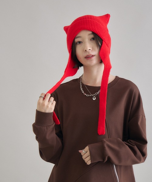 Paradise Picnic(パラダイスピクニック)の「ネコみみ ニット帽(ニットキャップ/ビーニー・レディース・レッド/グレー/ブラック・FREE)」の18枚目の写真