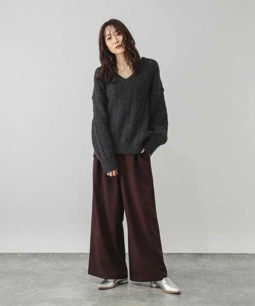 GLOBAL WORK（グローバルワーク）の「モヘヤタッチ透かし編みVネックプルオーバー/599493（ニット/セーター・レディース・ライトグリーン/スカイブルー/チャコールグレー・LARGE/MEDIUM）」の4枚目の写真