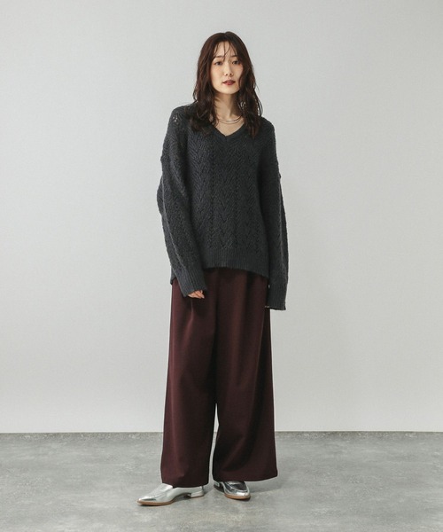 GLOBAL WORK（グローバルワーク）の「モヘヤタッチ透かし編みVネックプルオーバー/599493（ニット/セーター・レディース・ライトグリーン/スカイブルー/チャコールグレー・LARGE/MEDIUM）」の5枚目の写真