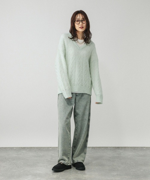 GLOBAL WORK（グローバルワーク）の「モヘヤタッチ透かし編みVネックプルオーバー/599493（ニット/セーター・レディース・ライトグリーン/スカイブルー/チャコールグレー・LARGE/MEDIUM）」の8枚目の写真