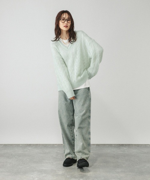 GLOBAL WORK（グローバルワーク）の「モヘヤタッチ透かし編みVネックプルオーバー/599493（ニット/セーター・レディース・ライトグリーン/スカイブルー/チャコールグレー・LARGE/MEDIUM）」の9枚目の写真