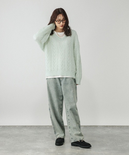 GLOBAL WORK（グローバルワーク）の「モヘヤタッチ透かし編みVネックプルオーバー/599493（ニット/セーター・レディース・ライトグリーン/スカイブルー/チャコールグレー・LARGE/MEDIUM）」の10枚目の写真