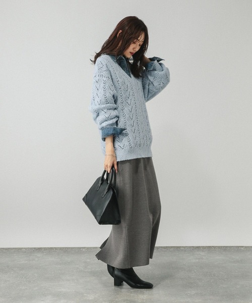 GLOBAL WORK（グローバルワーク）の「モヘヤタッチ透かし編みVネックプルオーバー/599493（ニット/セーター・レディース・ライトグリーン/スカイブルー/チャコールグレー・LARGE/MEDIUM）」の14枚目の写真