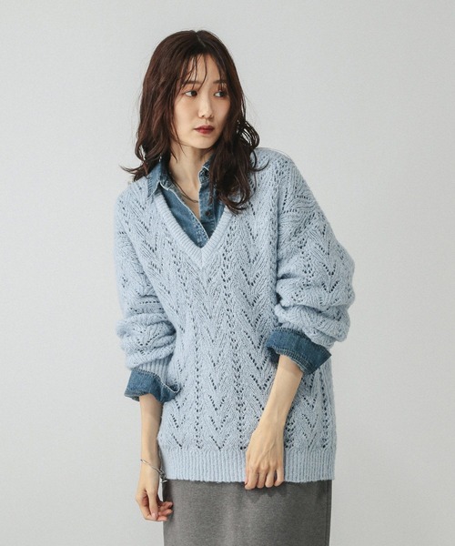 GLOBAL WORK（グローバルワーク）の「モヘヤタッチ透かし編みVネックプルオーバー/599493（ニット/セーター・レディース・ライトグリーン/スカイブルー/チャコールグレー・LARGE/MEDIUM）」の16枚目の写真