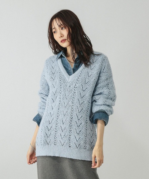 GLOBAL WORK（グローバルワーク）の「モヘヤタッチ透かし編みVネックプルオーバー/599493（ニット/セーター・レディース・ライトグリーン/スカイブルー/チャコールグレー・LARGE/MEDIUM）」の17枚目の写真