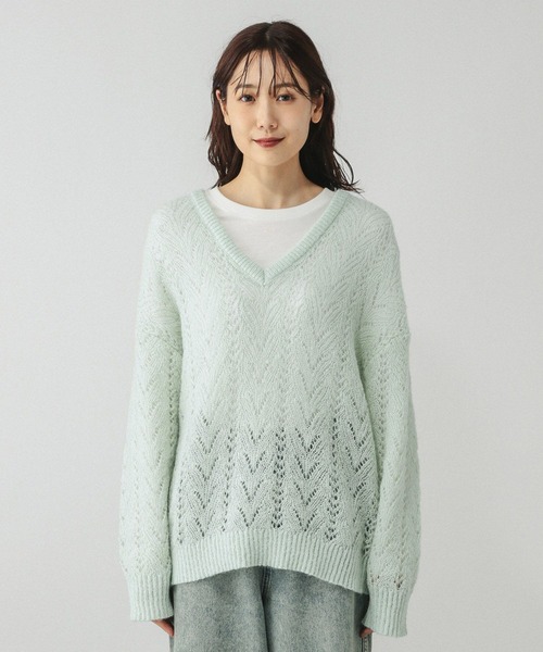 GLOBAL WORK（グローバルワーク）の「モヘヤタッチ透かし編みVネックプルオーバー/599493（ニット/セーター・レディース・ライトグリーン/スカイブルー/チャコールグレー・LARGE/MEDIUM）」の18枚目の写真